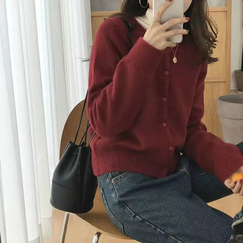 WW | Knitted Jacket Wool Blend Button Closure Slim Fit Crew Neck