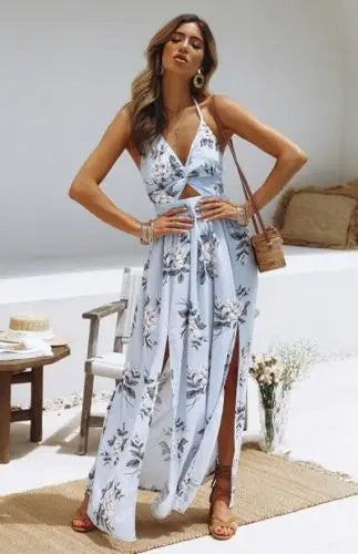 Sierra - Boho Floral Halter Neck Maxi Dress
