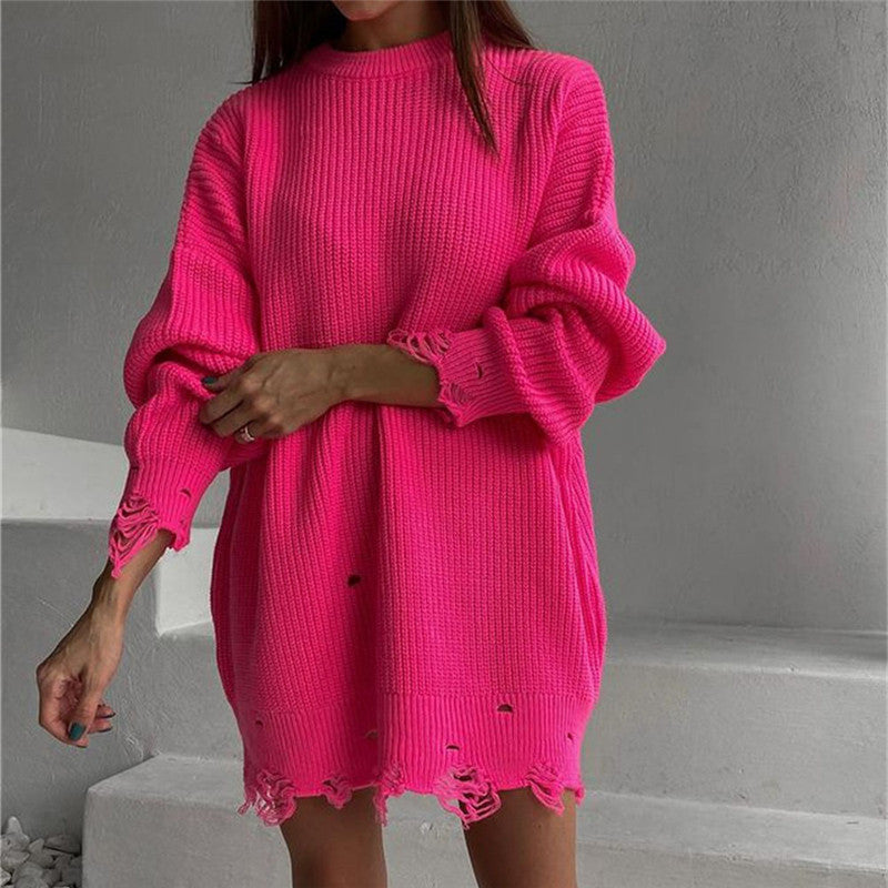 WW Ripped O-Neck Oversized Sweater Dress