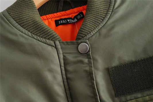 WW | Cropped Utility Bomber Jacket with Patch Pockets and Zipper Sleeves