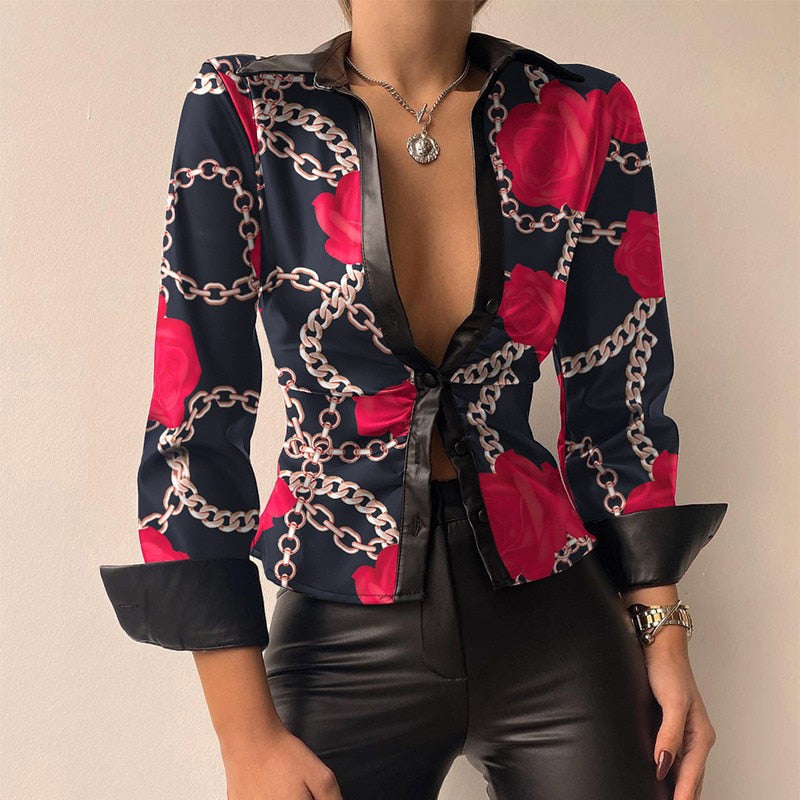 WW | V-Ausschnitt PU-Leder bedruckt Langarm Patchwork-Bluse