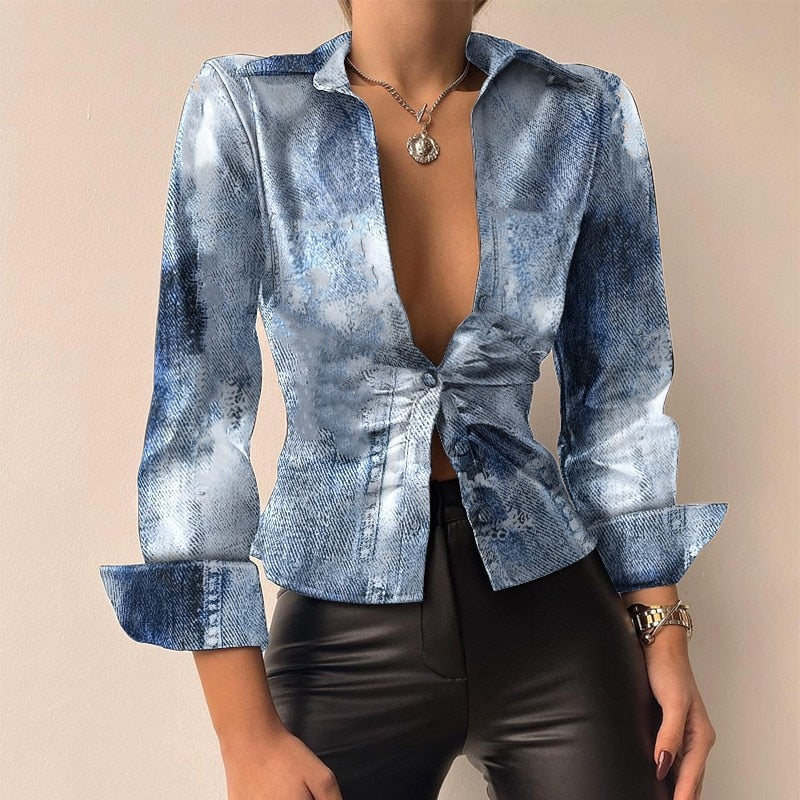 WW | V-Ausschnitt PU-Leder bedruckt Langarm Patchwork-Bluse