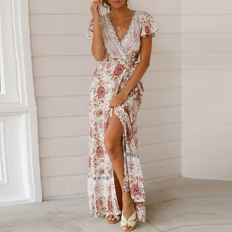 WW | Elegantes V-Ausschnitt Wickel Maxi Kleid