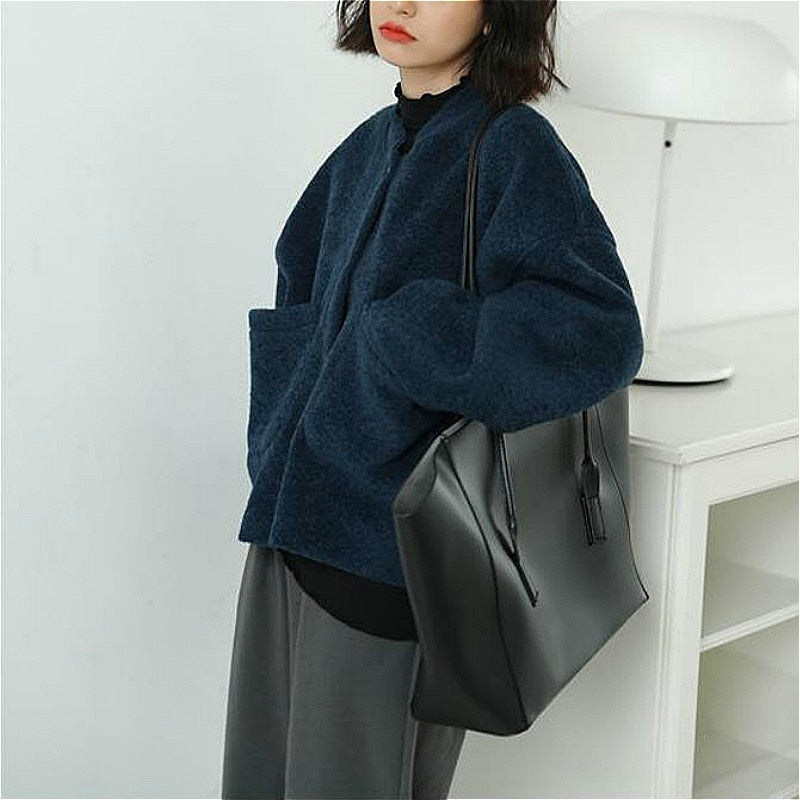 WW | Lässig Lang Ärmel Taschen Blau Jacke