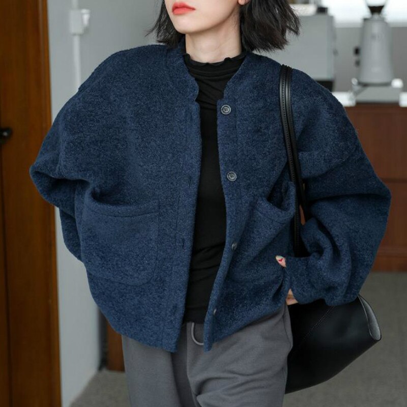 WW | Lässig Lang Ärmel Taschen Blau Jacke