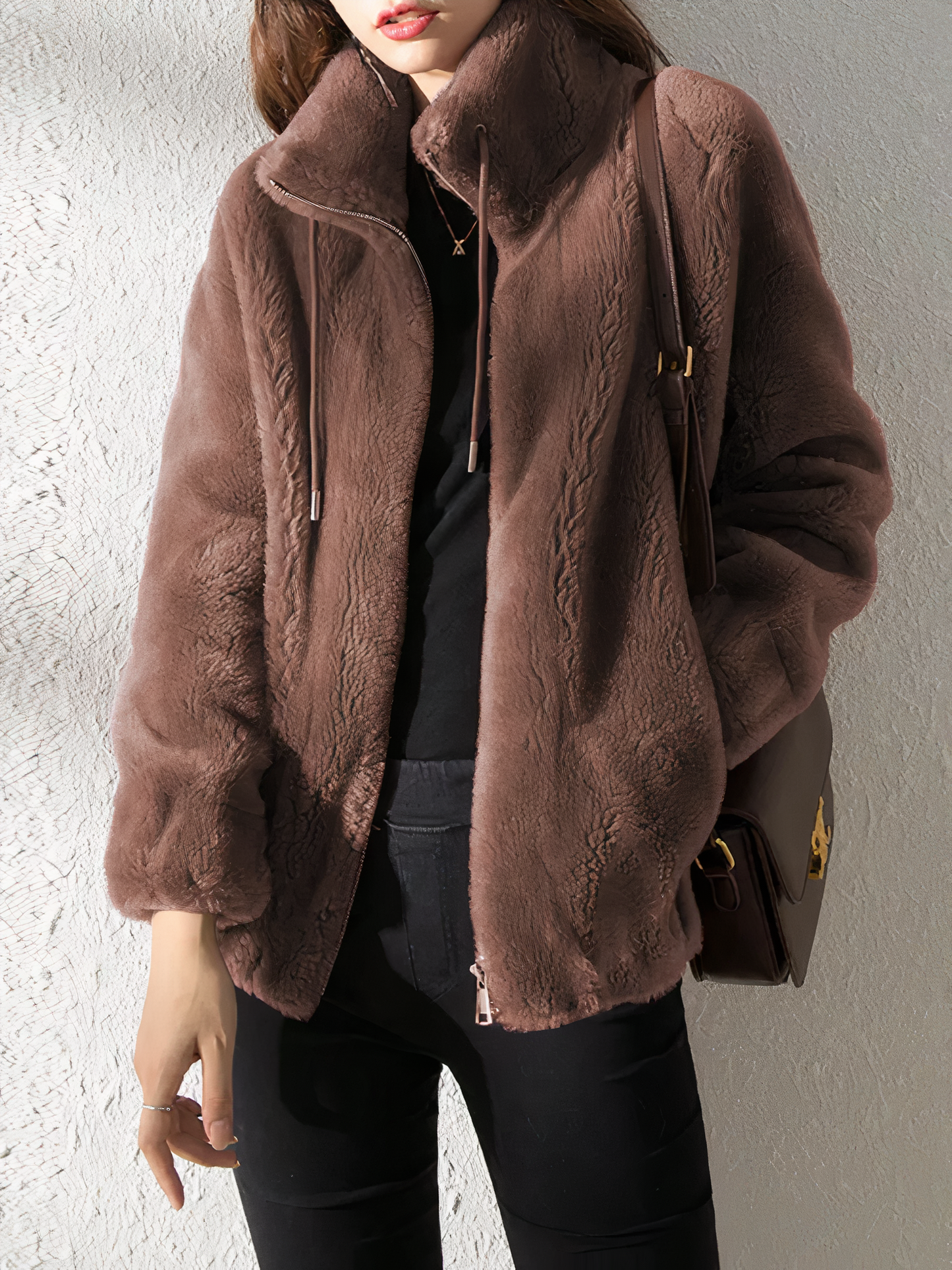 WW | Teddy Fleece Jacke Weicher Kunstpelz Hoher Kragen Reißverschluss Lässige Passform