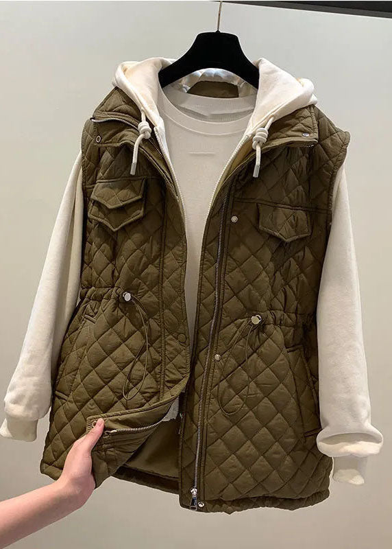 WW | Beige Zipper Patchwork Drawstring Winter Hooded Coats