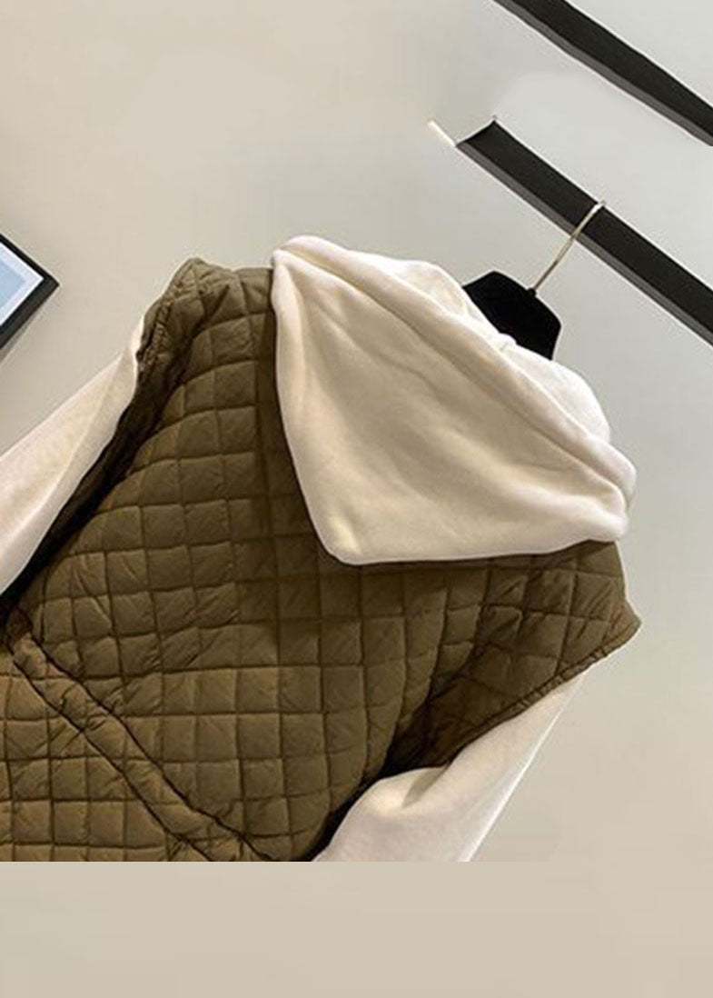 WW | Beige Zipper Patchwork Drawstring Winter Hooded Coats