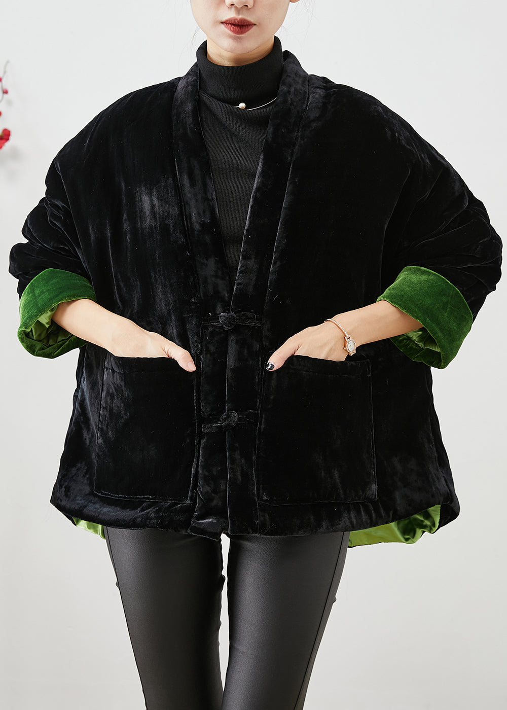WW | Black Chinese Button Thick Cotton Padded Silk Velvet Coats Winter