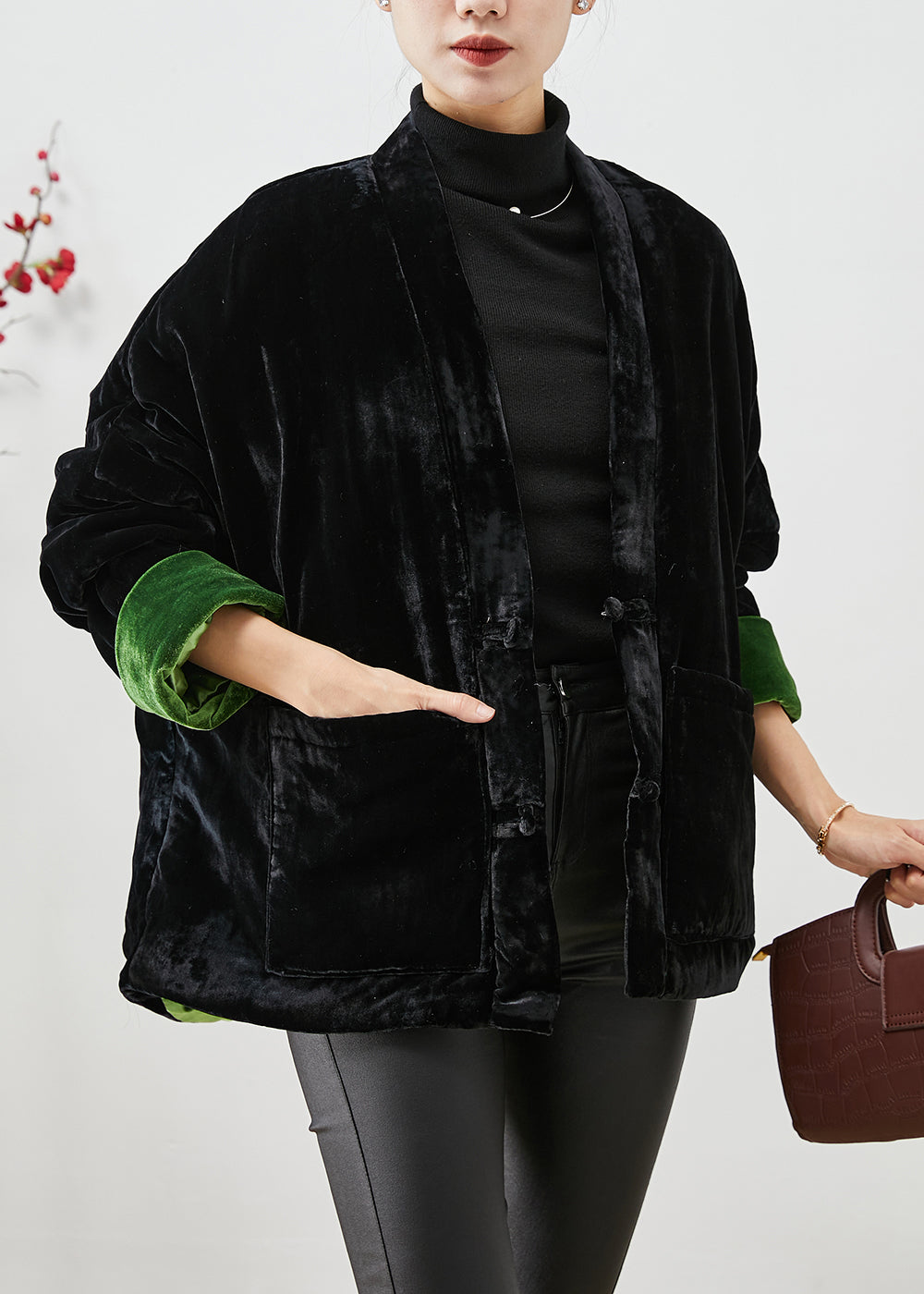 WW | Black Chinese Button Thick Cotton Padded Silk Velvet Coats Winter