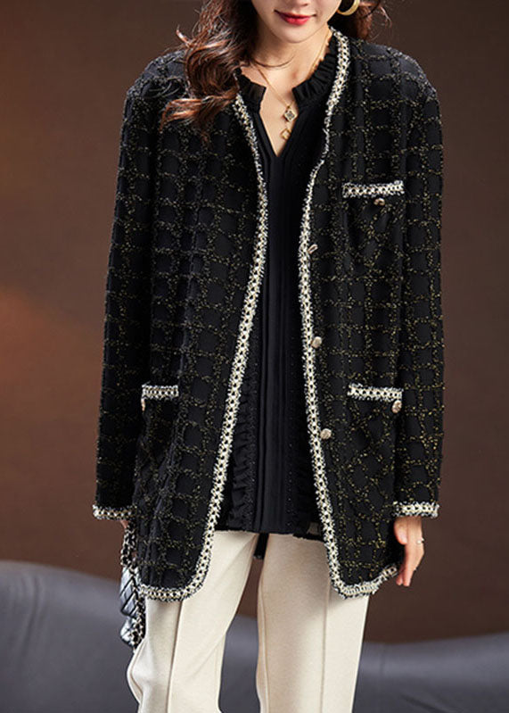 WW | Black Round Neck Pocket Plaid Patchwork Long Sleeve Knit Coat