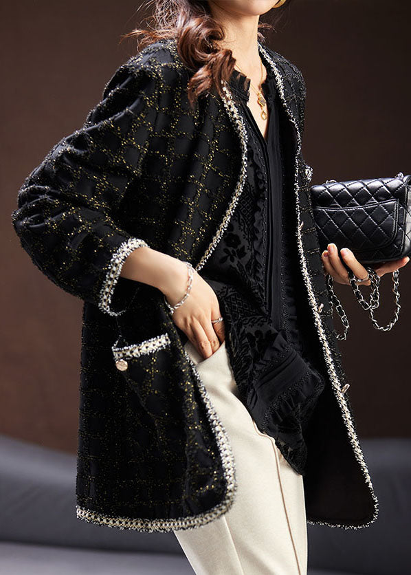WW | Black Round Neck Pocket Plaid Patchwork Long Sleeve Knit Coat