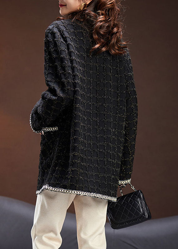 WW | Black Round Neck Pocket Plaid Patchwork Long Sleeve Knit Coat
