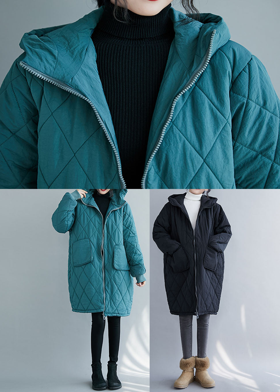 WW | Black Plaid Patchwork Long Sleeve Hooded Parka Coats