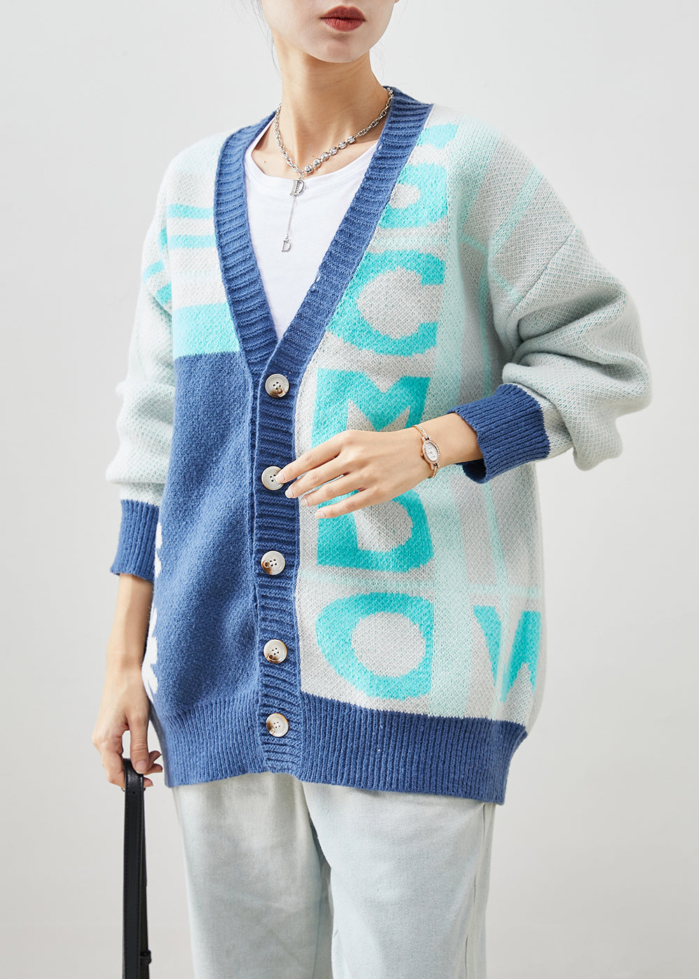 WW | Blue Oversized Print Knit Cardigan Winter