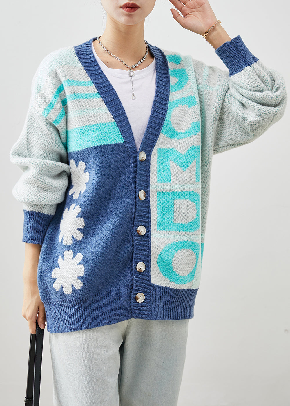 WW | Blauer Oversized Print Strickmäntel Winter