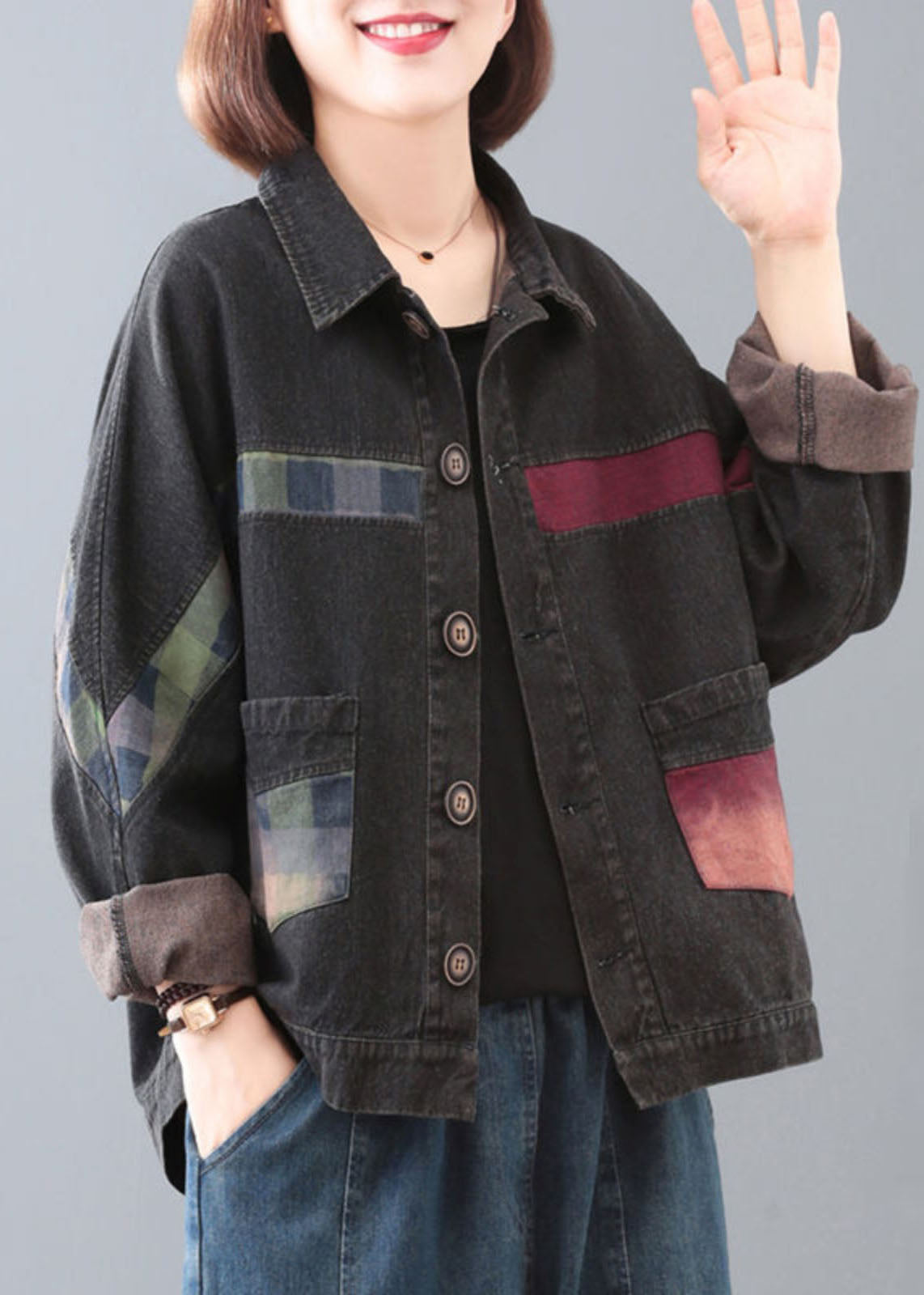 WW | Blue Peter Pan Collar Pockets Patchwork Button Denim Coats Long Sleeves