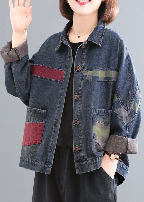 WW | Blue Peter Pan Collar Pockets Patchwork Button Denim Coats Long Sleeves