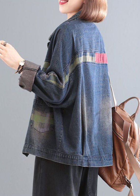 WW | Blue Peter Pan Collar Pockets Patchwork Button Denim Coats Long Sleeves