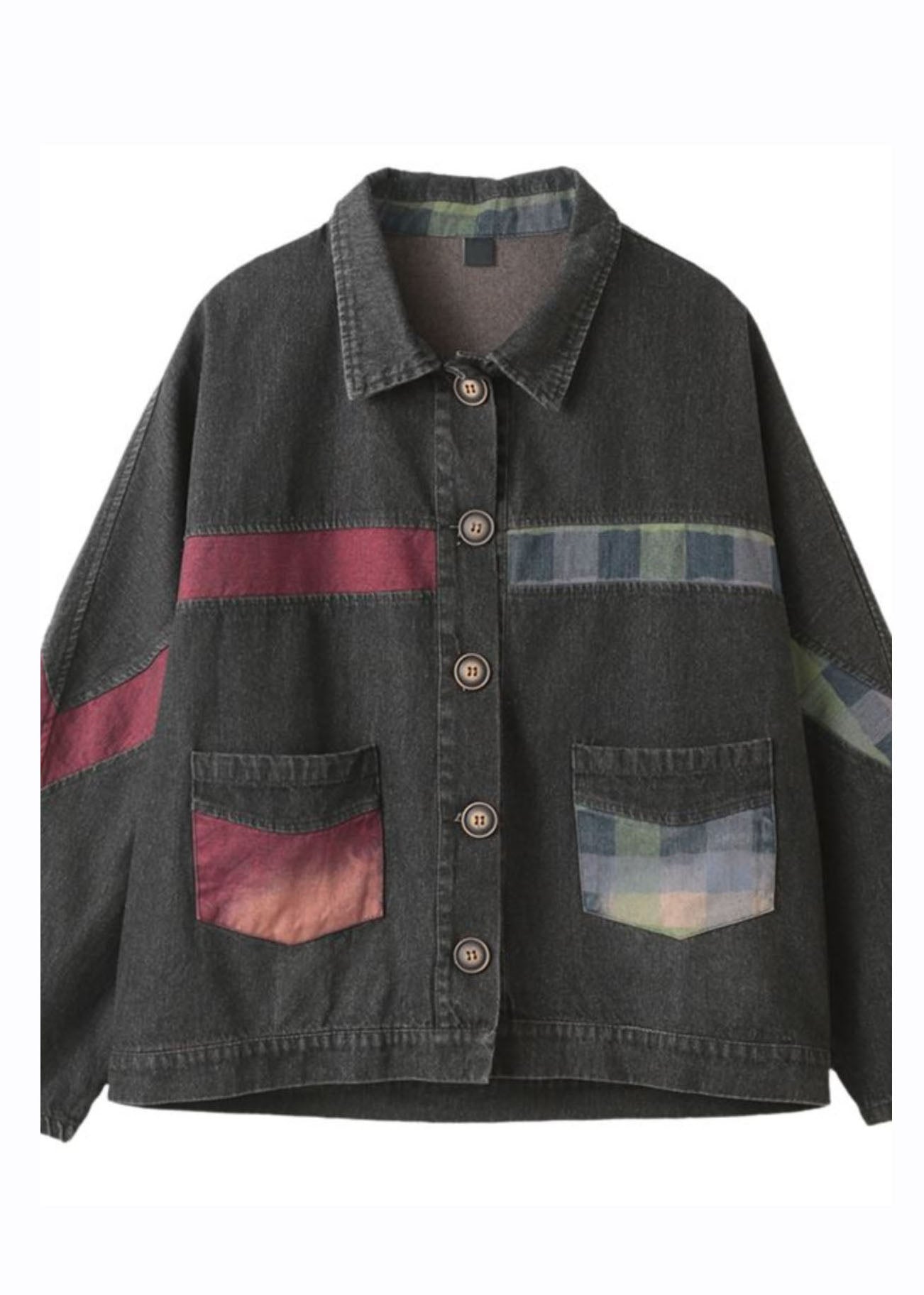 WW | Blue Peter Pan Collar Pockets Patchwork Button Denim Coats Long Sleeves