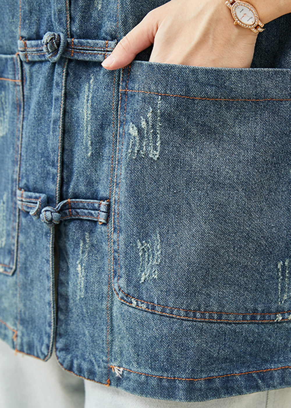 WW | Blue Stand-up Collar Chinese Button Cotton Jackets