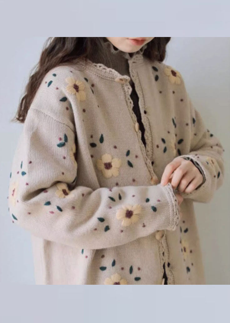 WW | Coffee Embroidered Floral Lace Patchwork Cotton Knit Cardigans with Long Sleeves