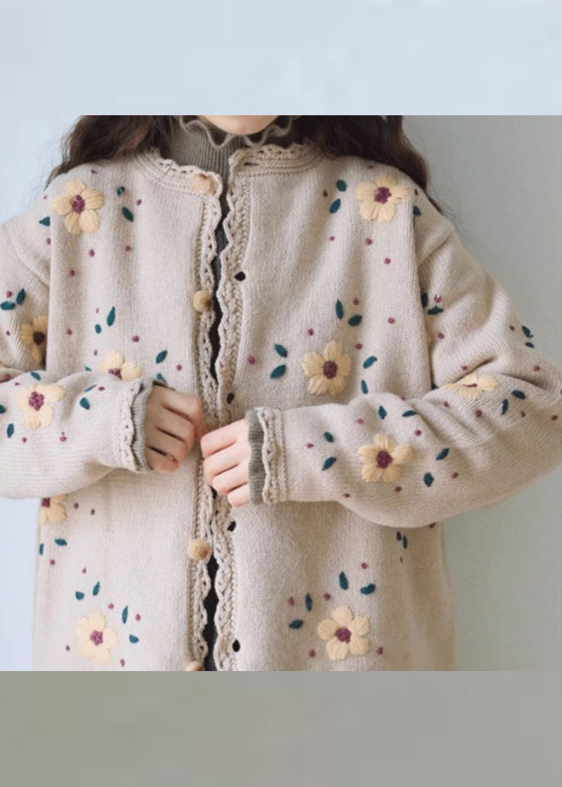 WW | Coffee Embroidered Floral Lace Patchwork Cotton Knit Cardigans with Long Sleeves