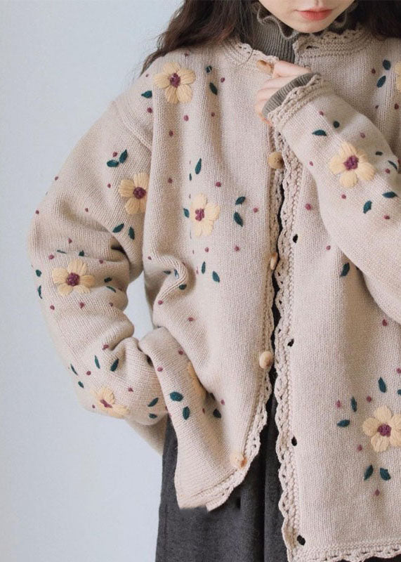 WW | Coffee Embroidered Floral Lace Patchwork Cotton Knit Cardigans with Long Sleeves