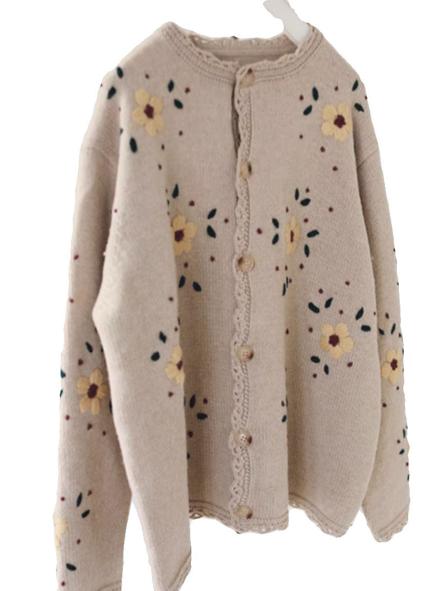 WW | Coffee Embroidered Floral Lace Patchwork Cotton Knit Cardigans with Long Sleeves