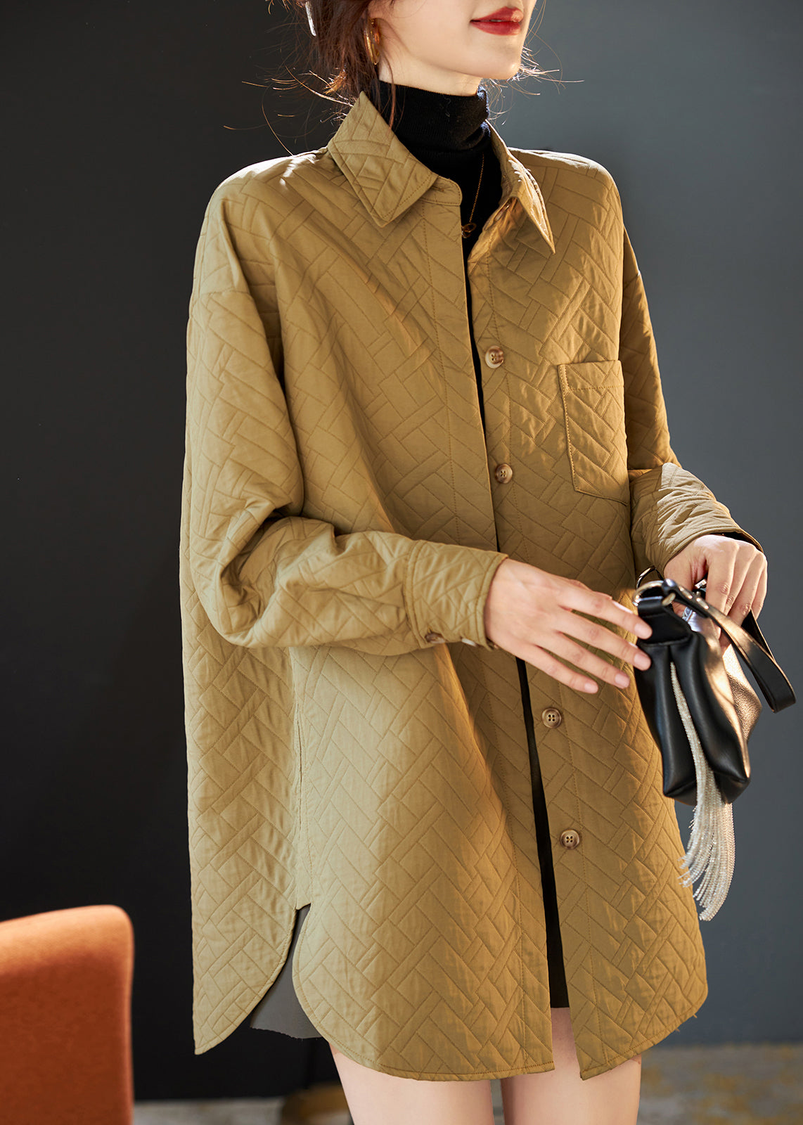 WW | Khaki Oversized Side Slit Spandex Coats