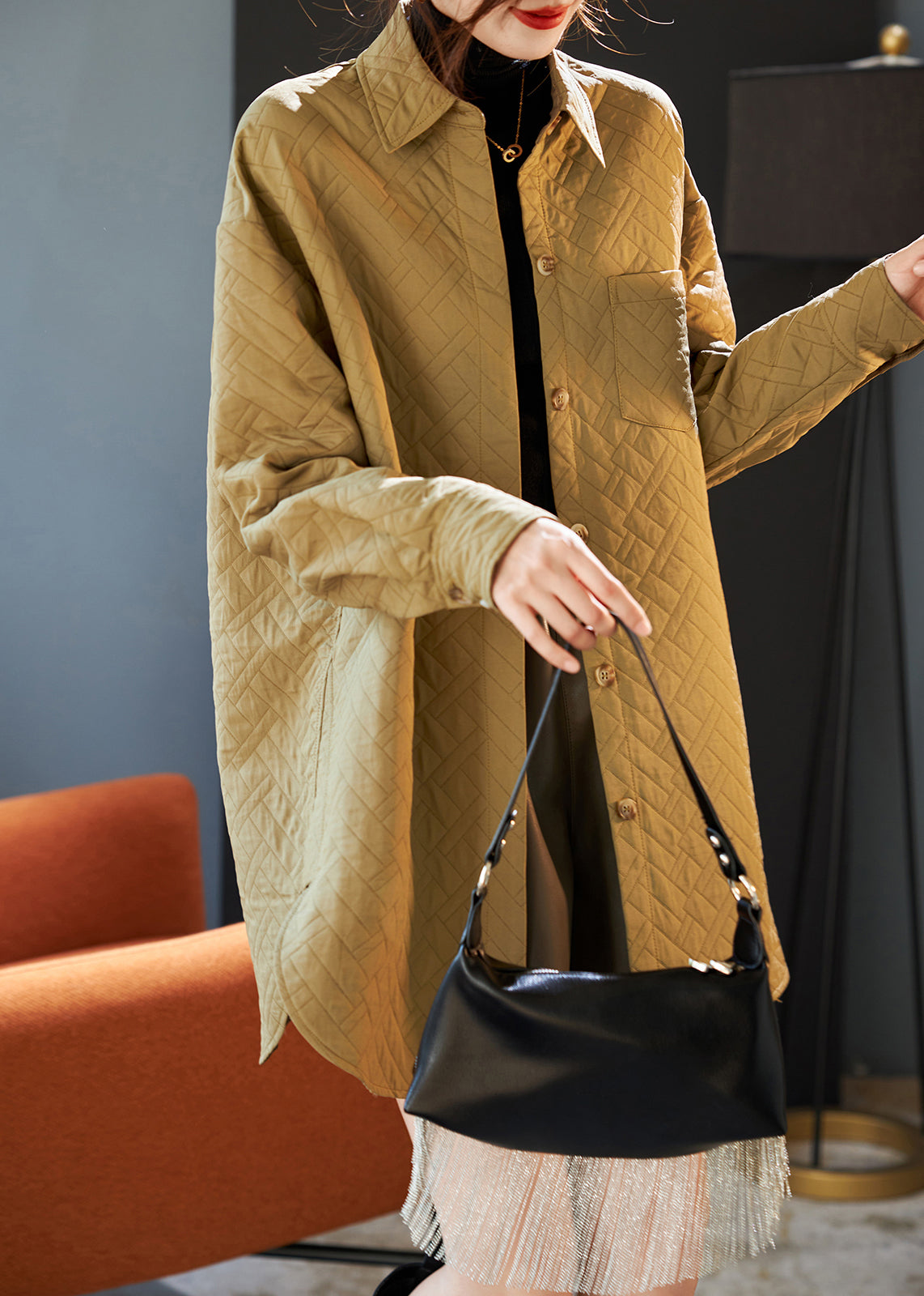 WW | Khaki Oversized Side Slit Spandex Coats