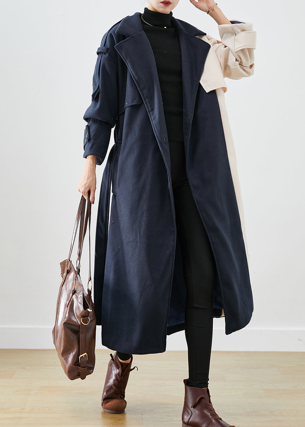 WW | Navy Asymmetric Patchwork Wool Trench Coat