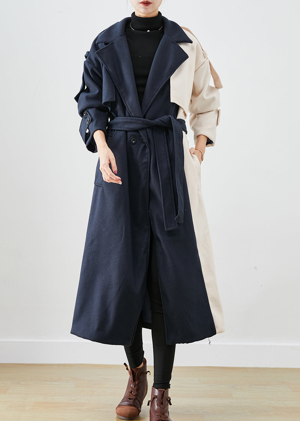 WW | Navy Asymmetric Patchwork Wool Trench Coat