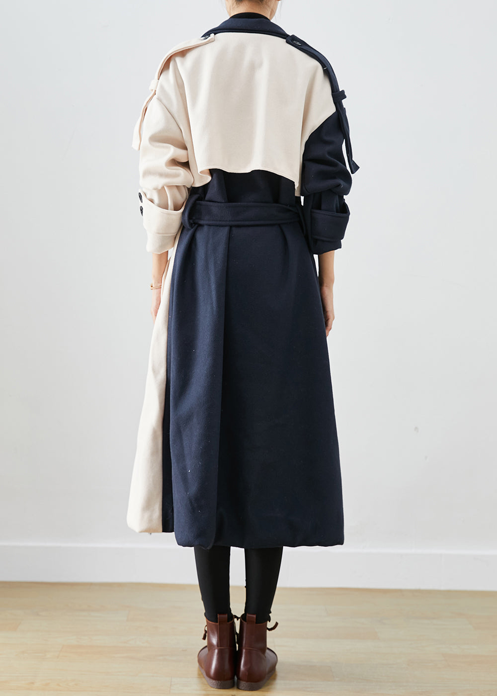 WW | Navy Asymmetric Patchwork Wool Trench Coat