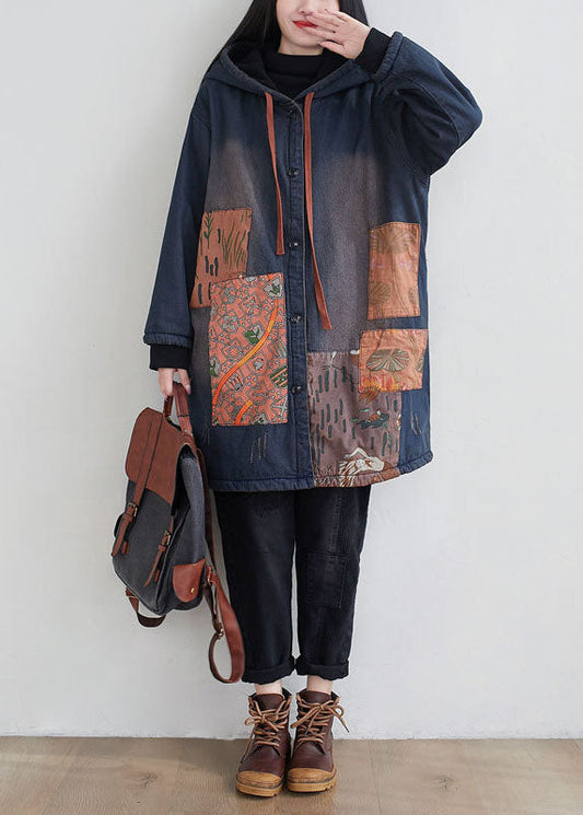 WW | Marineblauer Kapuzen-Patchwork-Applikation feine Baumwollgefüllte Mäntel Winter