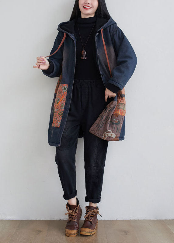 WW | Navy Blue Hooded Patchwork Applique Fine Cotton Padded Coats Winter