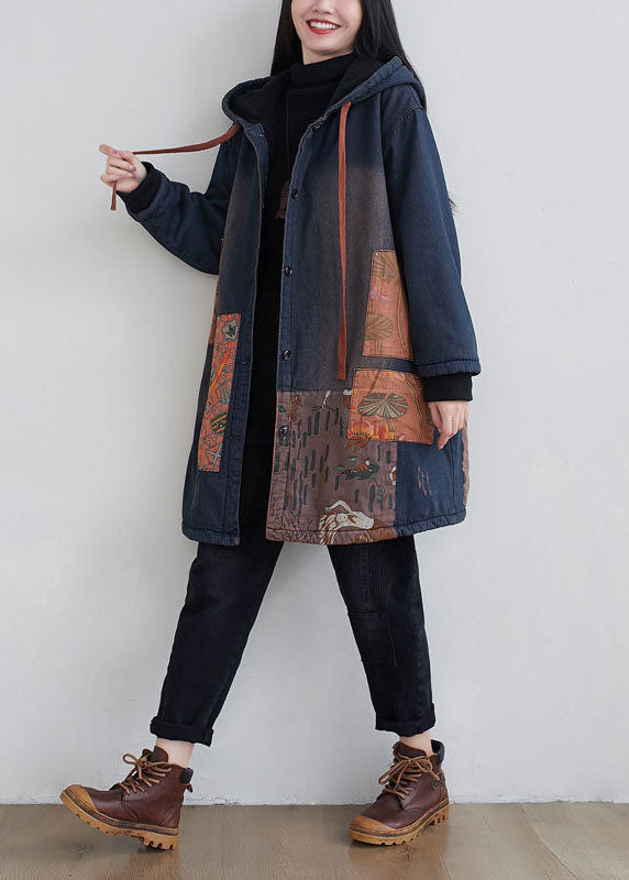 WW | Navy Blue Hooded Patchwork Applique Fine Cotton Padded Coats Winter