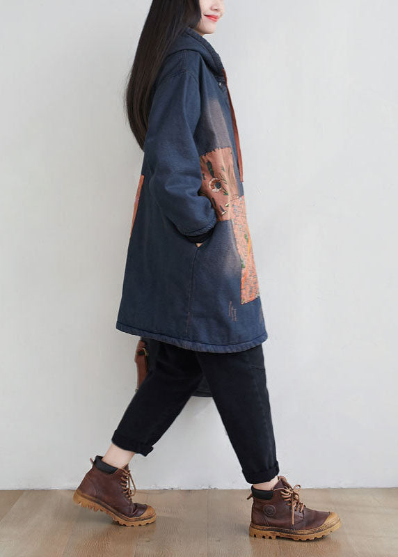 WW | Navy Blue Hooded Patchwork Applique Fine Cotton Padded Coats Winter