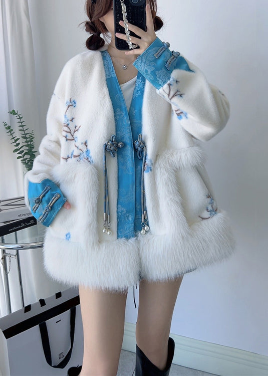 WW | Retro Blue V-Neck Tassel Mink Cashmere Coats Winter