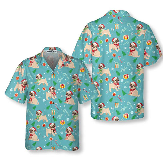 WW | Fröhliches Mops Hund Weihnachten Hawaiian Shirt, Lustiges Mops Weihnachten Shirt