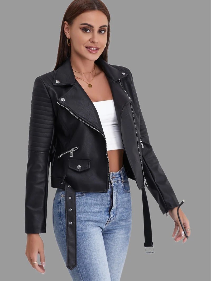 WW | Bikerjacke - Klassisches schwarzes PU-Leder - Asymmetrischer Reißverschluss - Edgy Streetwear