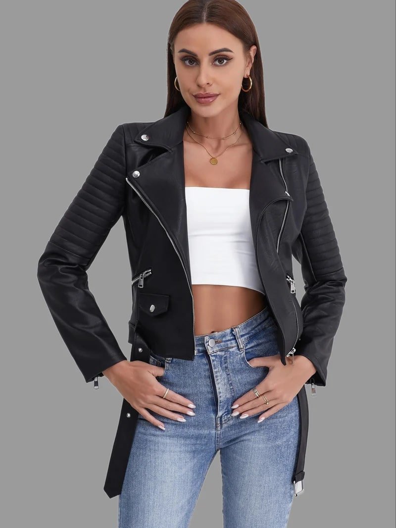 WW | Bikerjacke - Klassisches schwarzes PU-Leder - Asymmetrischer Reißverschluss - Edgy Streetwear