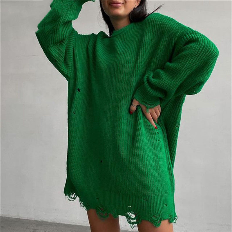 WW Ripped O-Neck Oversized Sweater Dress