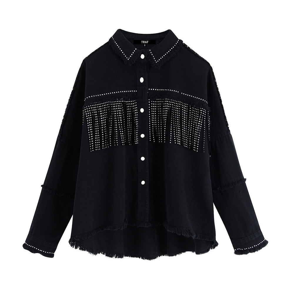 WW | Black Women's Denim Jacket with Fringe