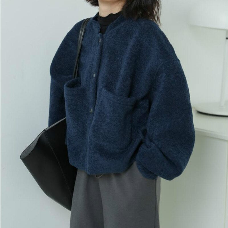 WW | Lässig Lang Ärmel Taschen Blau Jacke