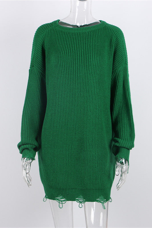 WW Ripped O-Neck Oversized Sweater Dress
