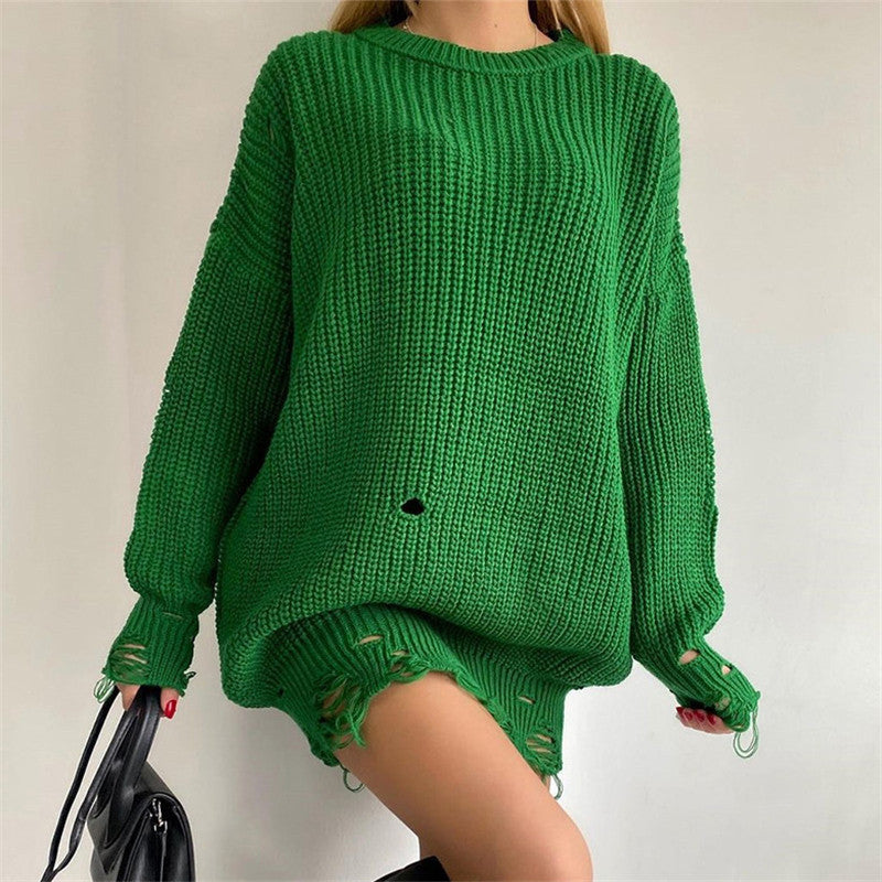 WW Ripped O-Neck Oversized Sweater Dress