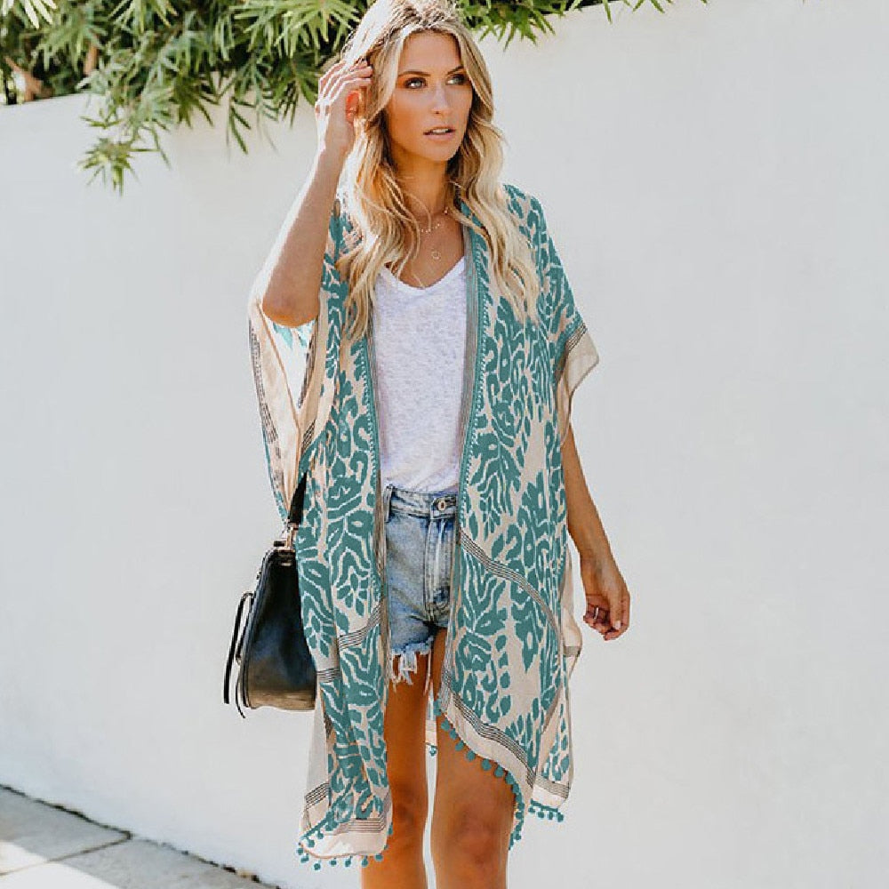 WW | Böhmischer Kimono mit Blattdruck und Fransendetail
