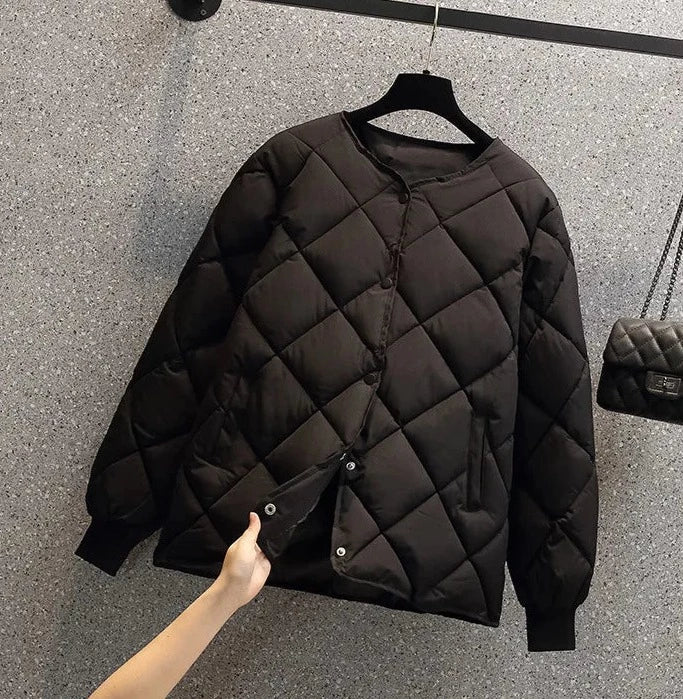 WW | Quilted Jacket Diamond Pattern Round Neck Snap Fastening Ribbed Cuffs