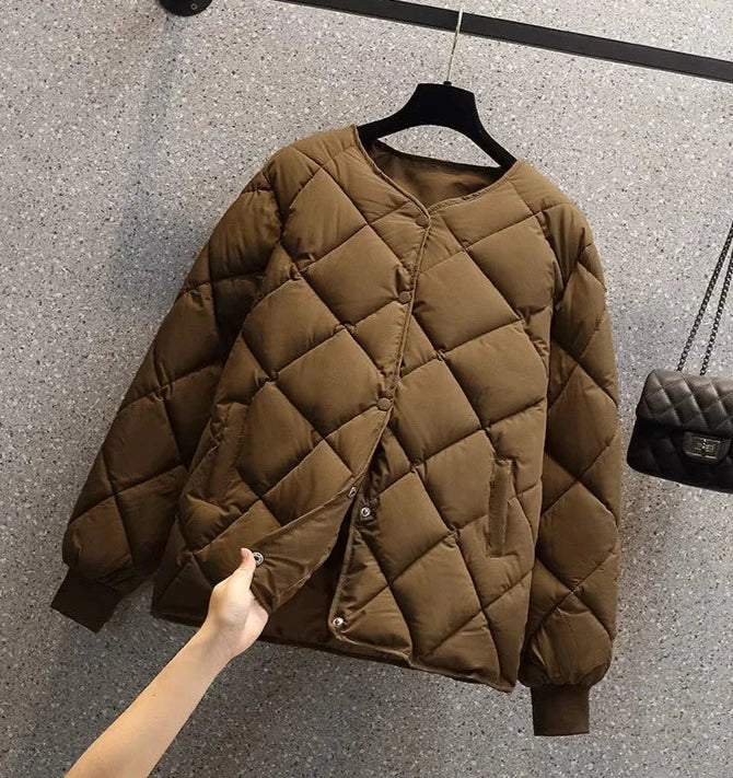 WW | Quilted Jacket Diamond Pattern Round Neck Snap Fastening Ribbed Cuffs